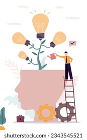 Creative businessman or business coach growing tree of ideas in human head. Venture fund invests in successful projects. Mentor help with brainstorming, pitching ideas. Business education. flat vector