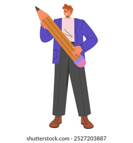 Creative businessman concept. Professional with a giant pencil ready to jot down ideas. Innovation and strategy in business. Vector illustration.