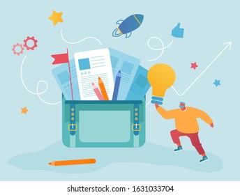 Empresário Criativo Tendo Uma Boa Ideia. Homem de Negócios Colocar Lâmpada Brilhante em Enorme Saco de Portfólio como Componente de Projeto de Negócios Bem-sucedido. Ilustração de vetor plano do desenho animado do trabalhador do escritório