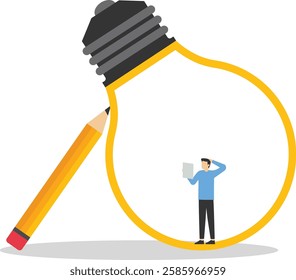 Creative businessman holding red pencil think about idea on light bulb. Creative idea or invention, new idea, knowledge or education.

