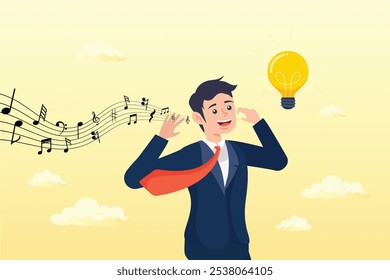 Empresário criativo com notas musicais e lâmpada simbolizando inspiração e ideias, ilustração de desenho animado