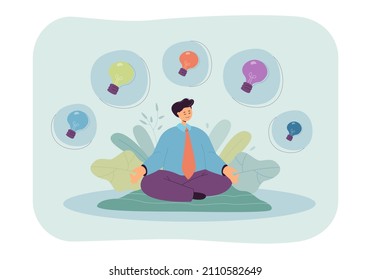 Creative businessman thinking of different ideas. Colorful lightbulbs in bubbles flat vector illustration. Creativity, imagination, brainstorming concept for banner, website design or landing web page