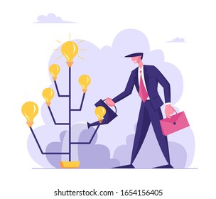 Creative Businessman Wearing Formal Wear Watering Idea Tree with Glowing Light Bulbs on Branches. Startup Project Bringing Financial Money Success, Brainstorm Insight. Cartoon Flat Vector Illustration