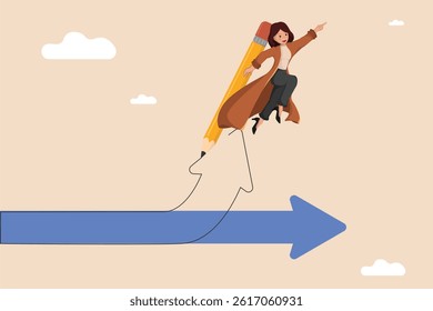 Creative Businesswoman Flying with Giant Pencil Above Arrows Representing Leadership, Creativity, and Innovation.
