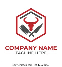 Logotipo da loja do açougueiro criativo com um crânio de touro e facas cruzadas dentro de um hexágono