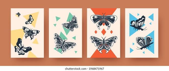 Creative butterflies collection of retro art posters. Black wild flying insects in Scandinavian style vector illustrations. Fauna and wildlife concept for banners, website design or backgrounds