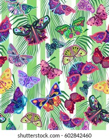 Creative butterflies on stripe background, summer seamless pattern, vector illustration