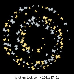 Creative butterfly cloth texture on black. Spring butterfly linen theme vector with gold and silver metallic silhouette. Premium repeating insect fabric clipart for textile.