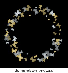 Creative butterfly cloth vip texture on black. Season butterfly linen theme vector with gold and silver metallic silhouette. Premium repeating insect fabric artwork for luxury interior textile.