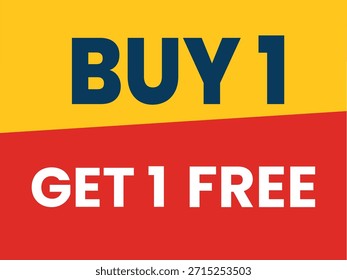 Creativo comprar 1 obtener 1 diseño de póster promocional gratis. Ilustración de estilo retro con texto en negrita sobre un fondo dividido amarillo y rojo. Diseño de marketing adecuado para descuentos al por menor, ofertas especiales y anuncios de compras.