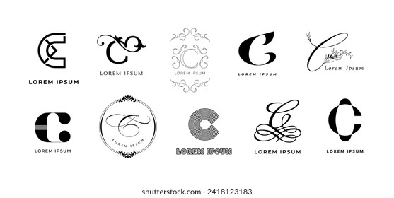 Creative C emblem. Letter c monogram for custom craft, coffee cafe and cooking courses branding template vector icon set of monogram logo letter, typography illustration