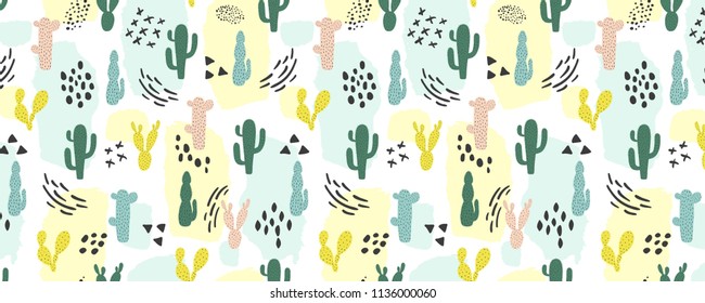 Creative cacti background. Hand drawn texture with colorful cactus and hand drawn elements. Trendy graphic design for brochure, banner, header, cover, greeting and invitation cards. Vector
