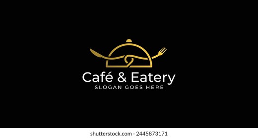 Creative Cafe und Restaurant Logo. Schale, Gabel und Messer mit Farbverlauf abdecken. Luxus Restaurant Logo Icon Vektorgrafik Design Inspiration.