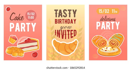 Creativos diseños de invitaciones para fiestas con comida farinácea. Invitaciones a la fiesta de cumpleaños con pasteles dulces. El concepto de pastelería y pastelería. Plantilla para folleto, pancarta o folleto