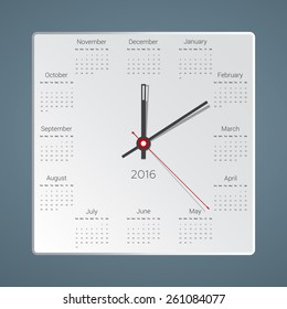 Creative calendar for 2016 in the form of hours, would be interested in looking a real clock on the wall. Vector illustration
