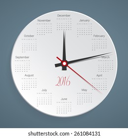 Creative calendar for 2016 in the form of hours, would be interested in looking a real clock on the wall. Vector illustration