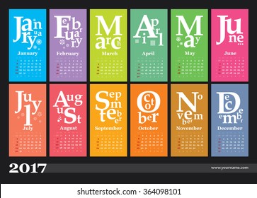 Creative calendar 2017 - grid with numbers of weeks, they start on sunday. Can be used for web and print design: card, banner, poster, label, bookmark.