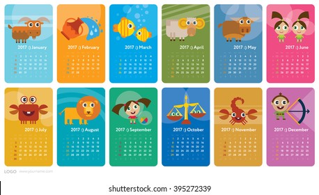 Creative calendar 2017 with horoscope signs (zodiac symbols set) - flat colored illustration, template. Can be used for web, print, t-shirt, card, poster, banner, bookmark. Week starts on sunday.