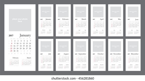 Creative calendar 2017 - simple template, weeks start on sunday, grid with numbers of weeks.