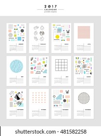 Creative Calendar 2017. Template with different textures and geometric shapes. Modern graphic design. Vector. Isolated