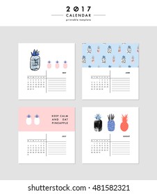 Creative Calendar 2017. Template with different pineapples. Modern graphic design. Hand Drawn elements. Vector. Isolated