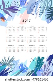 Creative Calendar 2017. Template with leaves and floral elements in tropical style. Modern graphic design. Hand Drawn textures. Vector. Isolated