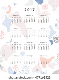 Creative Calendar 2017. Template with textures and floral elements. Vector.Isolated