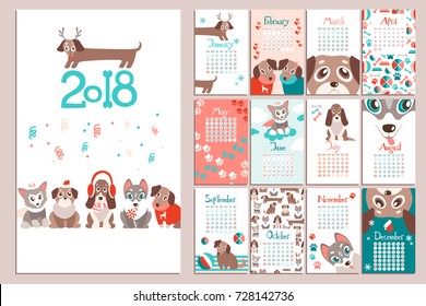 Creative calendar 2018 with cute cartoon puppies. Different breeds. Flat colored illustration, template. Can be used for web, print, card, poster, banner, bookmark. Week starts on sunday. 