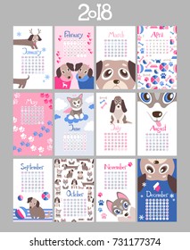 Creative calendar 2018 with cute cartoon puppies. Different breeds. Flat colored illustration, template. Can be used for web, print, card, poster, banner, bookmark. Week starts on sunday.