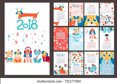 Creative calendar 2018 with cute cartoon puppies. Different breeds. Flat colored illustration, template. Can be used for web, print, card, poster, banner, bookmark. Week starts on sunday.