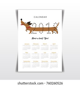 Creative calendar 2018 with cute cartoon dachshund going through 2018 number made of dog footprints. Flat colored illustration, template. Can be used for web, print, card, poster, banner, bookmark. 