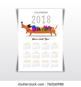 Creative calendar 2018 with cute cartoon dachshund carrying gifts on its back. Flat colored illustration, template. Can be used for web, print, card, poster, banner, bookmark. 