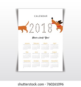 Creative calendar 2018 with cute cartoon dachshund following its tail and numeral 2018 made of pawprint. Flat colored illustration, template. Can be used for web, print, card, poster, banner, bookmark