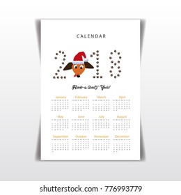 Creative calendar 2018 with cute cartoon dachshund's head in santa hat and numeral 2018 made of paw prints. Concept, vector editable template. Symbol of the year dog in Chinese calendar. 