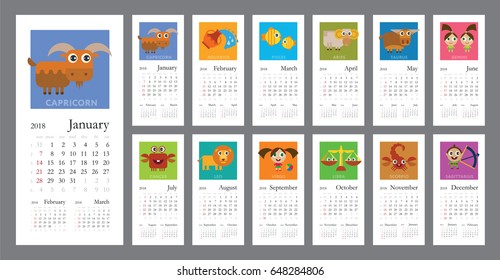 Creative calendar 2018 with horoscope signs (zodiac symbols set) - flat colored illustration, template. Can be used for web, print, card, poster, banner, bookmark. Week starts on sunday.