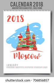 Creative calendar 2018 with Old russian town cityscape. The Golden Ring of Russia.flat colored illustration, template. Can be used for web, print, card, poster, banner, bookmark. Week starts on sunday