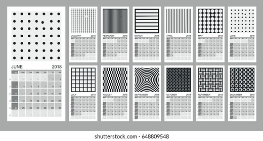 Creative calendar 2018 with optical illusion monochrome contrast illustrations, sundays selected, classic English grid with numbers of weeks.