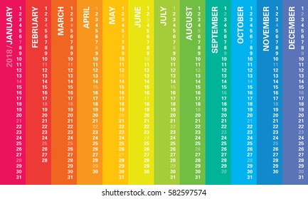 Creative calendar 2018 with rainbow vertical design, sundays selected. Multicolored template for web, business, print, postcard, wall and banner.