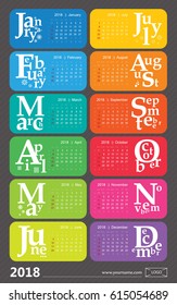 Creative calendar 2018 - weeks start on sunday, grid with numbers, holidays selected. Editable vector concept for print design, label, banner, bookmark, cover. 