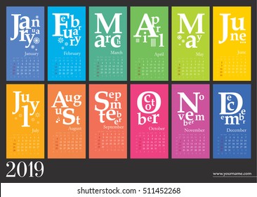 Creative calendar 2019 - week start on sunday,classic grid with numbers. Multicolored pages can be used for print, banner, bookmark.