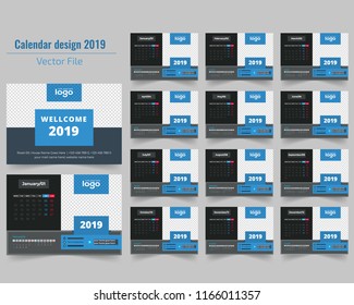 Creative Calendar for 2019 Year. Modern Vector Design Print Template with Place for Photo.
