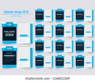 Creative Calendar for 2019 Year. Modern Vector Design Print Template with Place for Photo.