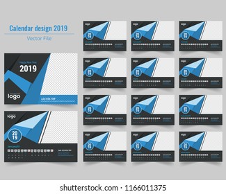 Creative Calendar for 2019 Year. Modern Vector Design Print Template with Place for Photo.