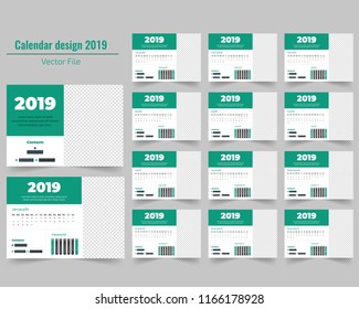 Creative Calendar for 2019 Year. Modern Vector Design Print Template with Place for Photo.