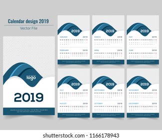 Creative Calendar for 2019 Year. Modern Vector Design Print Template with Place for Photo.