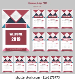 Creative Calendar for 2019 Year. Modern Vector Design Print Template with Place for Photo.