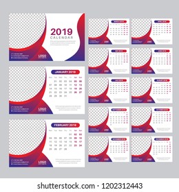 Creative Calendar for 2019 Year. Modern Vector Design Print Template with Place for Photo.