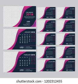 Creative Calendar for 2019 Year. Modern Vector Design Print Template with Place for Photo.