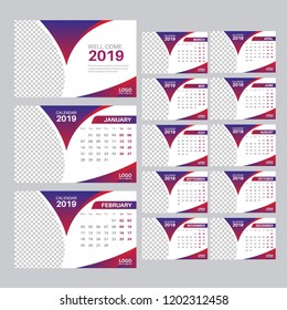 Creative Calendar for 2019 Year. Modern Vector Design Print Template with Place for Photo.