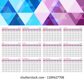 Creative calendar for 2019 year.Vector calendar 2019.